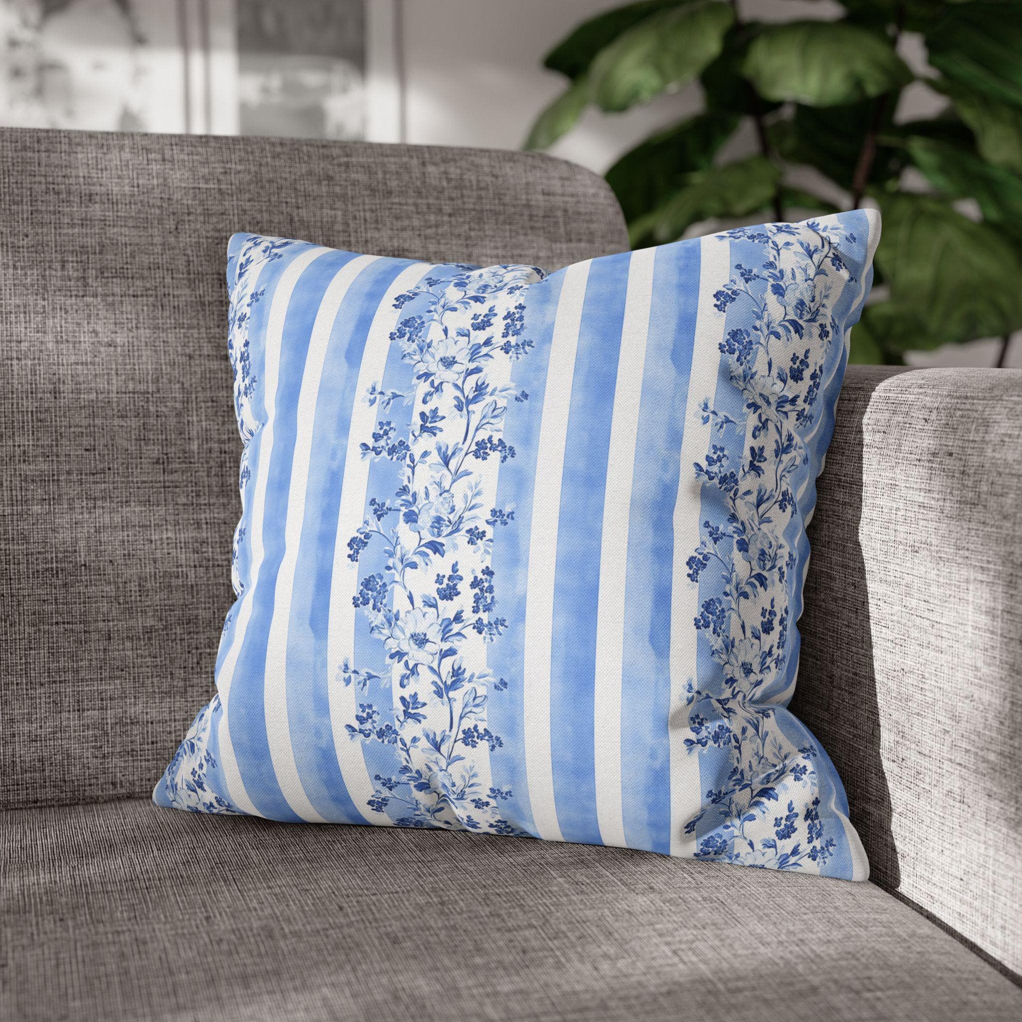 French Country Pillowcase: Blue & White Floral Striped Cushion Cover