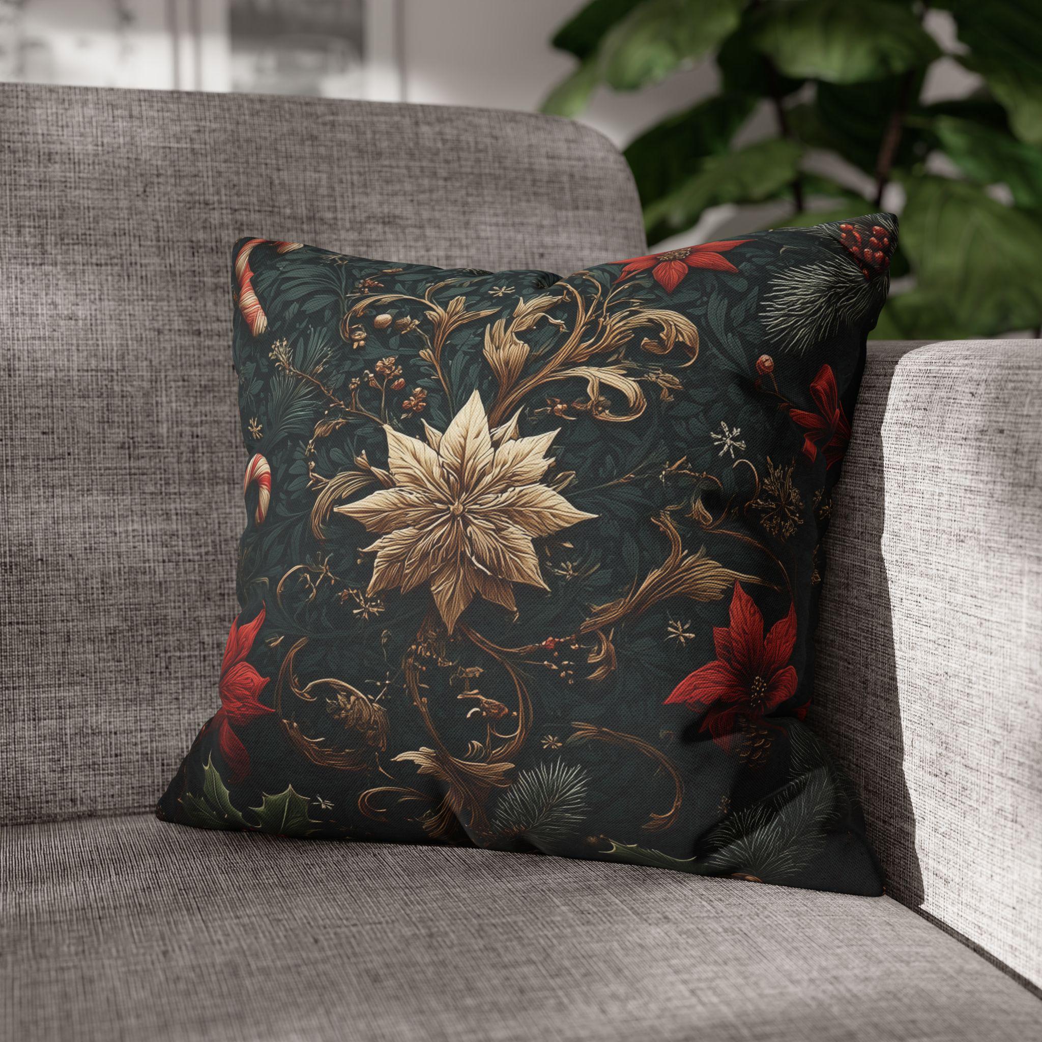Dark Botanical Holiday Pillow Cover: Gold Poinsettia, Red Florals & Candy Canes on Deep Pine