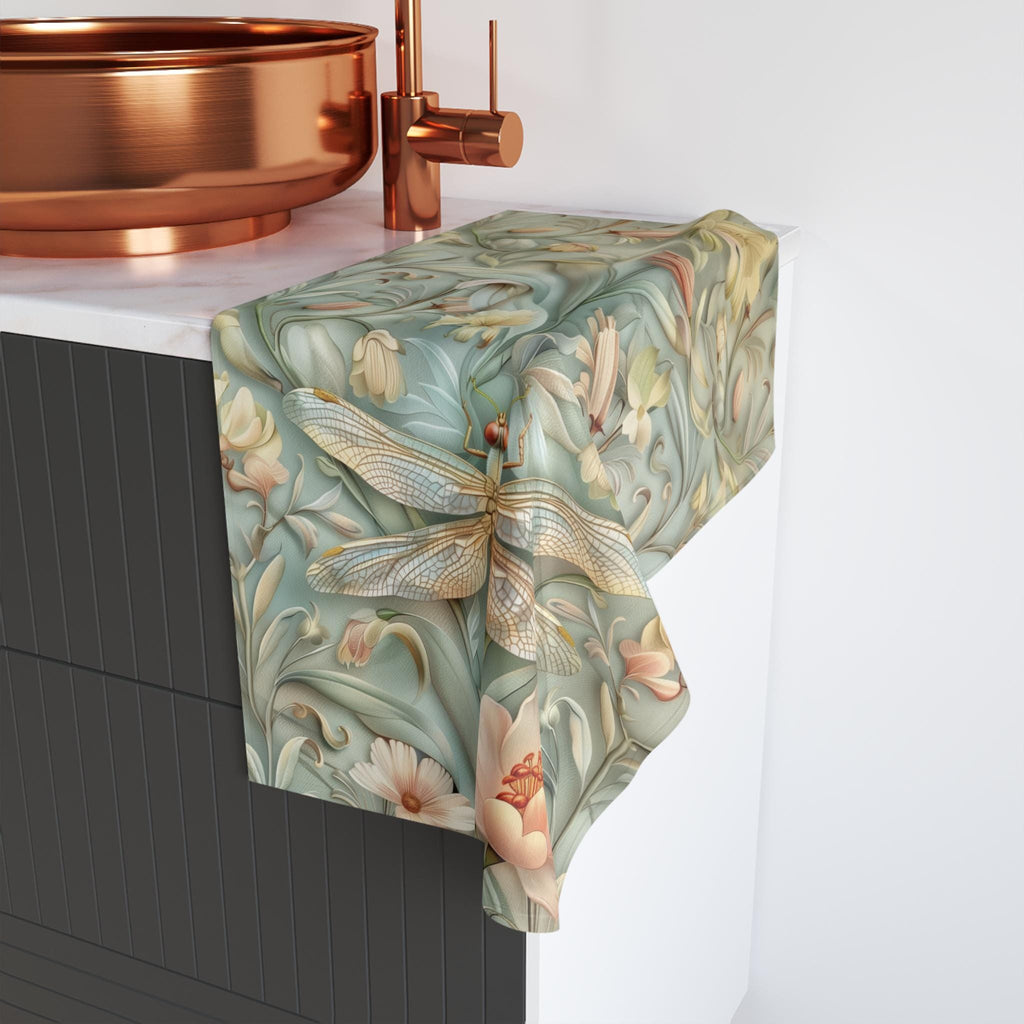 William Morris Dragonfly Hand Towel: Blue, Gold Wings Pink, Cream Flowers Elegant Nature Design