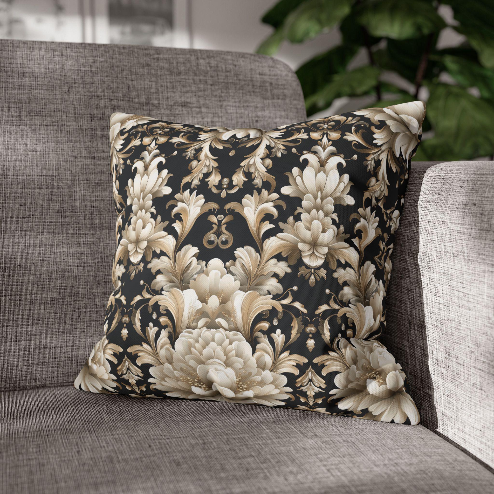 Floral Damask Pillow Cover, Ivory Champagne Gold on Black