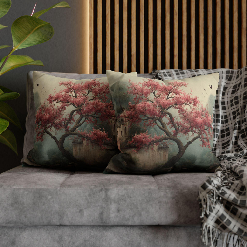 Chinoiserie Watercolor Pillow Cover: Pink Blossom Tree with Misty Temple Landscape Scene