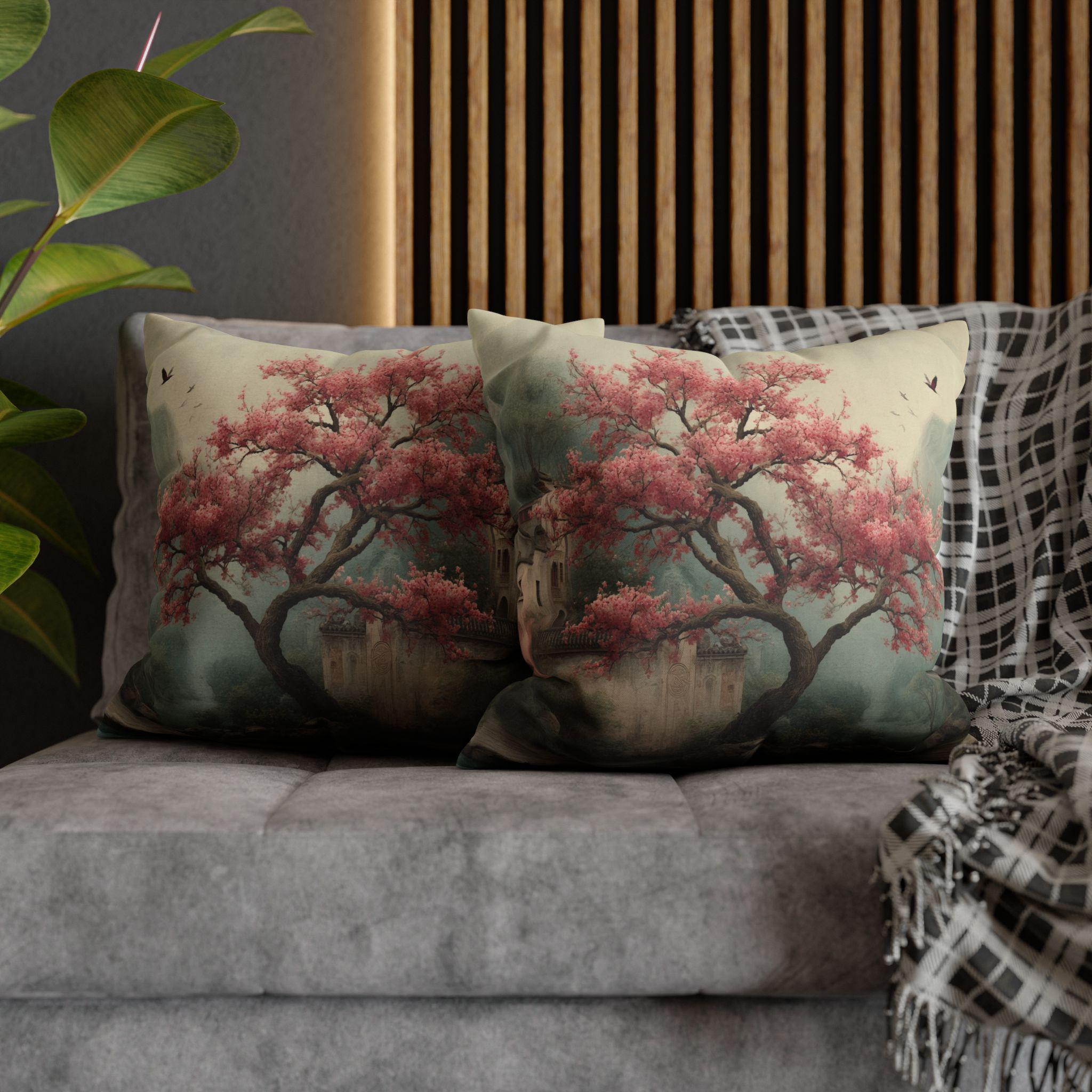 Chinoiserie Watercolor Pillow Cover: Pink Blossom Tree with Misty Temple Landscape Scene