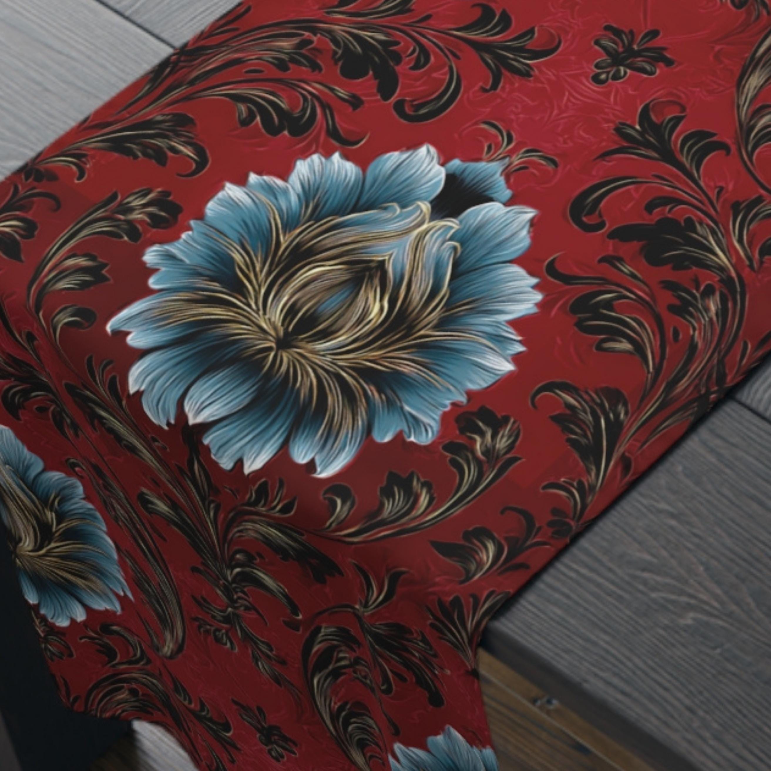 Quietly Patriotic Table Runner: Elegant Damask in Red, Cream and Blue