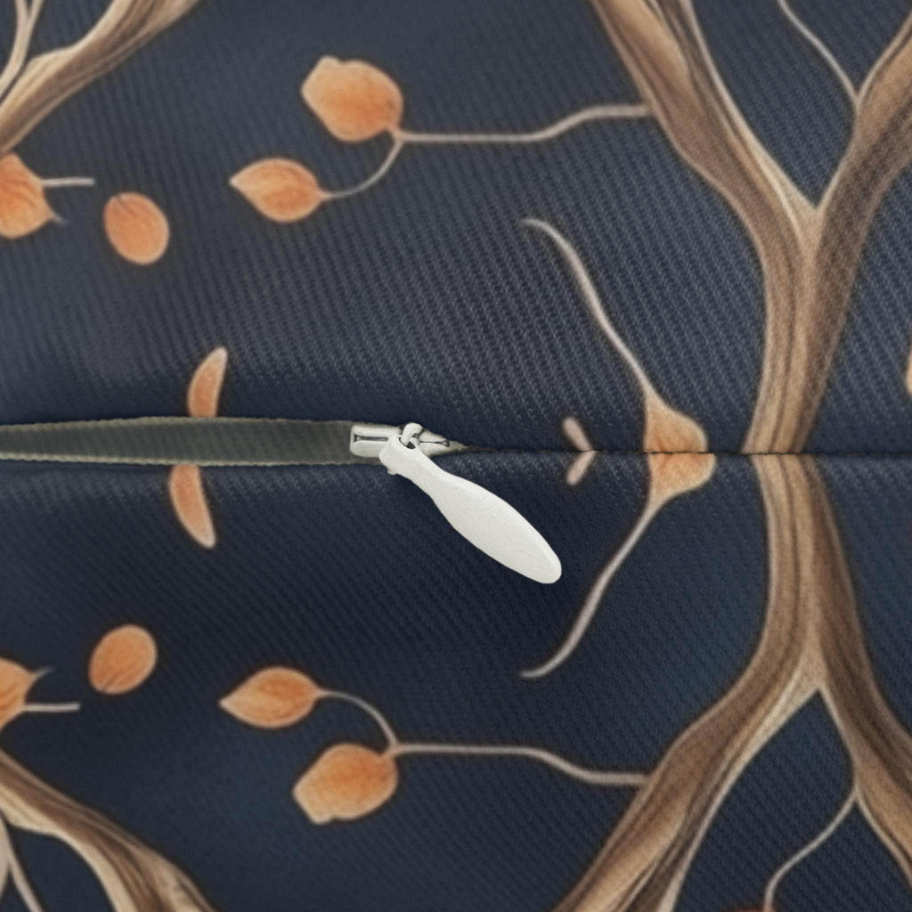 Chinoiserie Bird Blossom Lumbar Pillow: Peach & Chestnut on Navy Blue