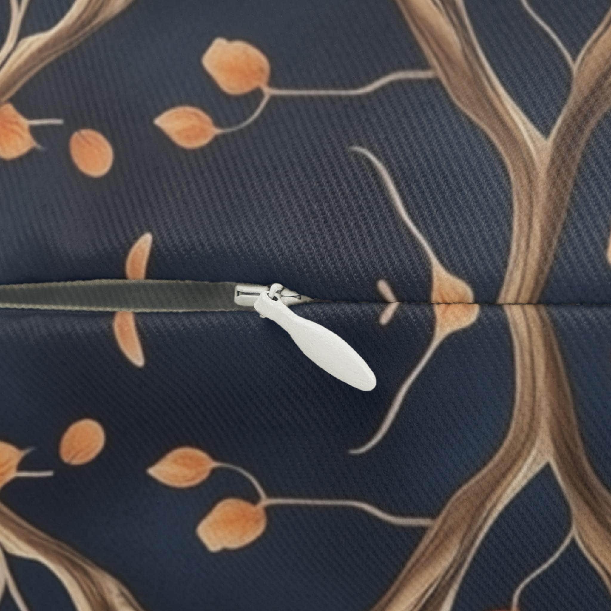 Chinoiserie Bird Blossom Lumbar Pillow: Peach & Chestnut on Navy Blue