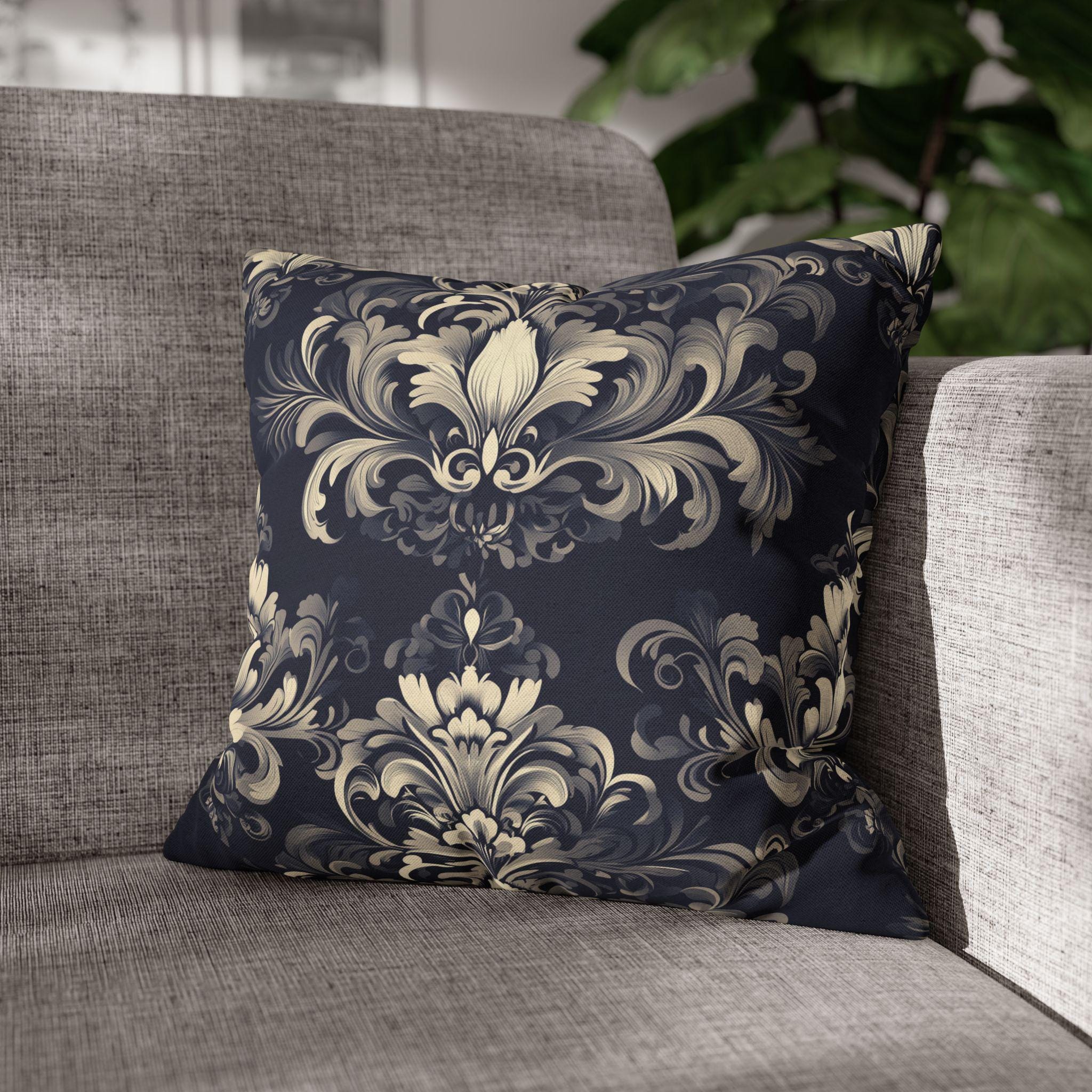 Damask Inspired Pillow Cover, Opulent Floral Scroll Motif, Luxury Ivory & Blue Square Pillowcase