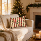 Striped Holly Christmas Lumbar PIllow: Red, Green, Cream Holiday Botanical Winter Decor