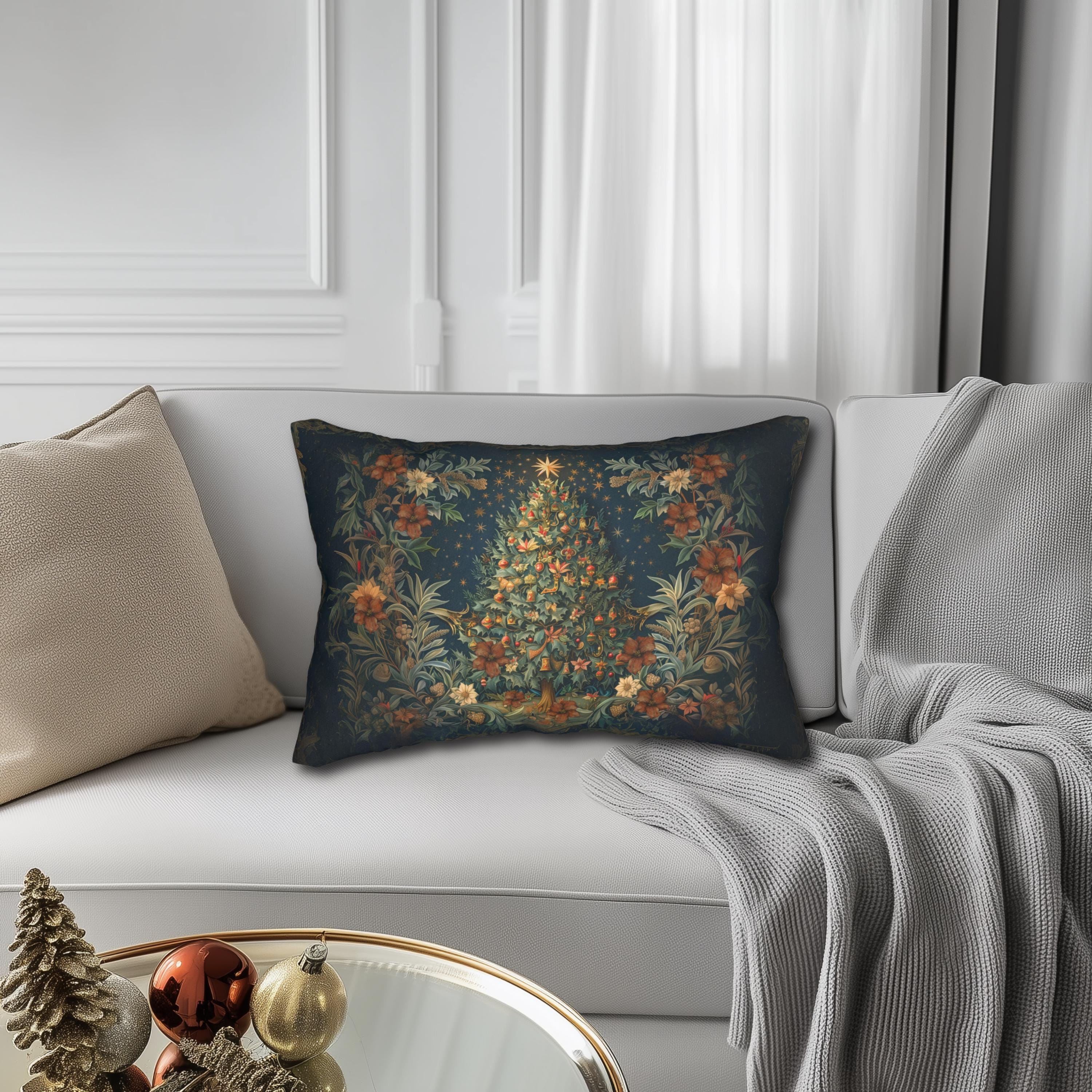 William Morris Inspired Elegant Christmas Tree Lumbar Pillow - Festive Holiday Decor Gift for Enthusiasts
