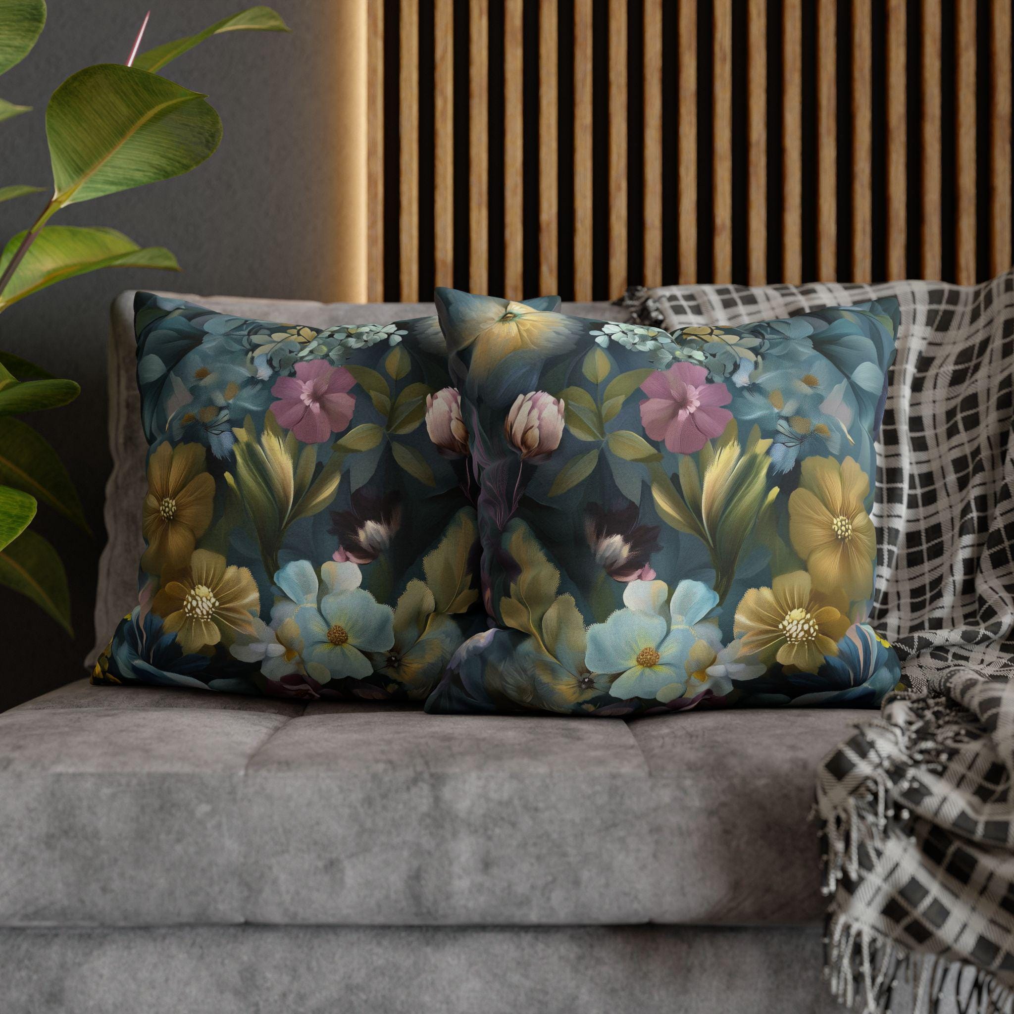 Twilight Garden Floral Pillow Cover: Painterly Moody Botanicals in Dusky Blue