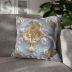 Rococo Coquette Pillow Cover: Pale Gold Floral on Pastel Blue