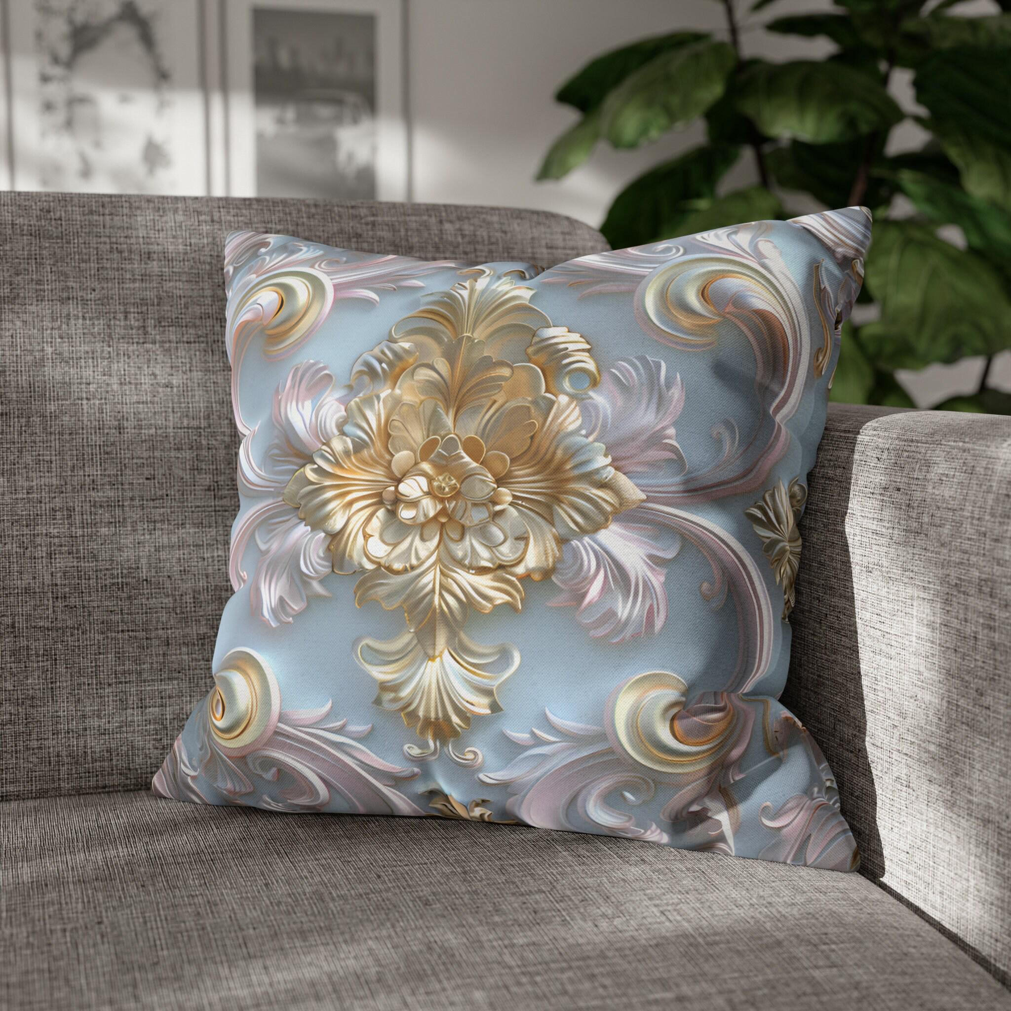 Rococo Coquette Pillow Cover: Pale Gold Floral on Pastel Blue