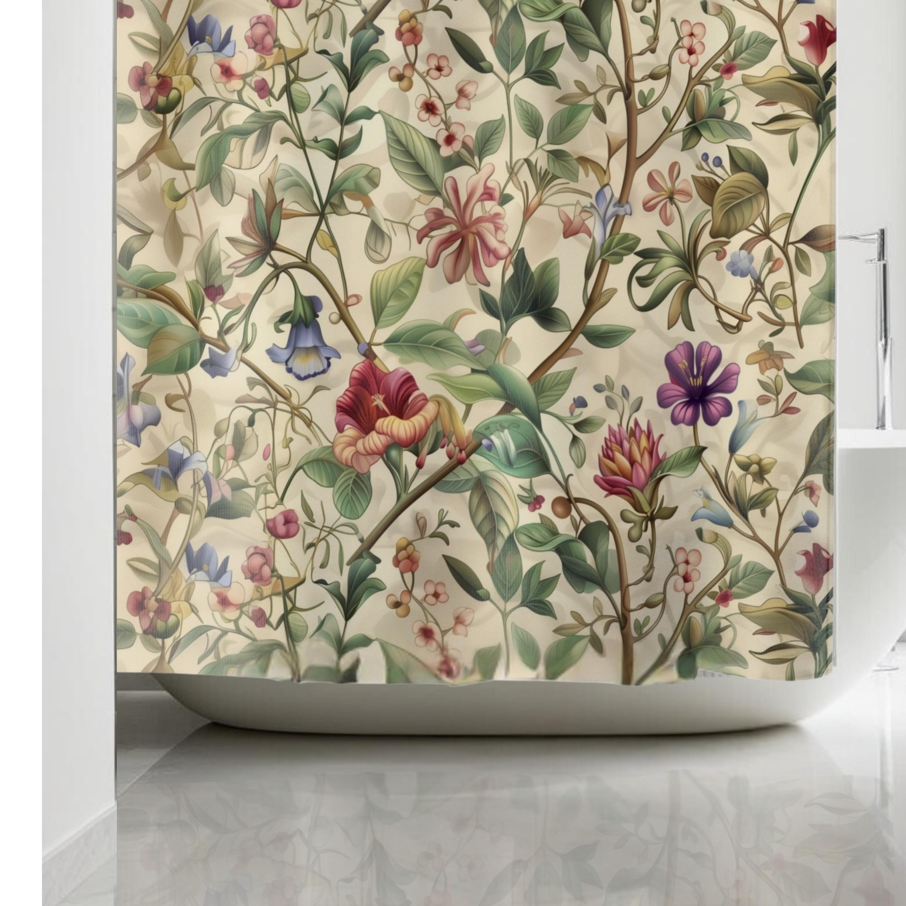 William Morris Shower Curtain: Vintage Botanical Vine and Floral Design on Cream Background