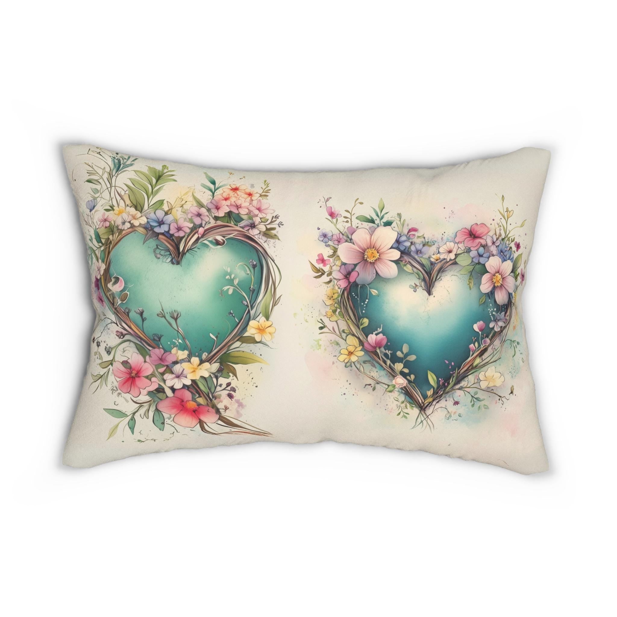 Floral Heart Wreath Lumbar Pillow: Romantic Home Decor Cushion