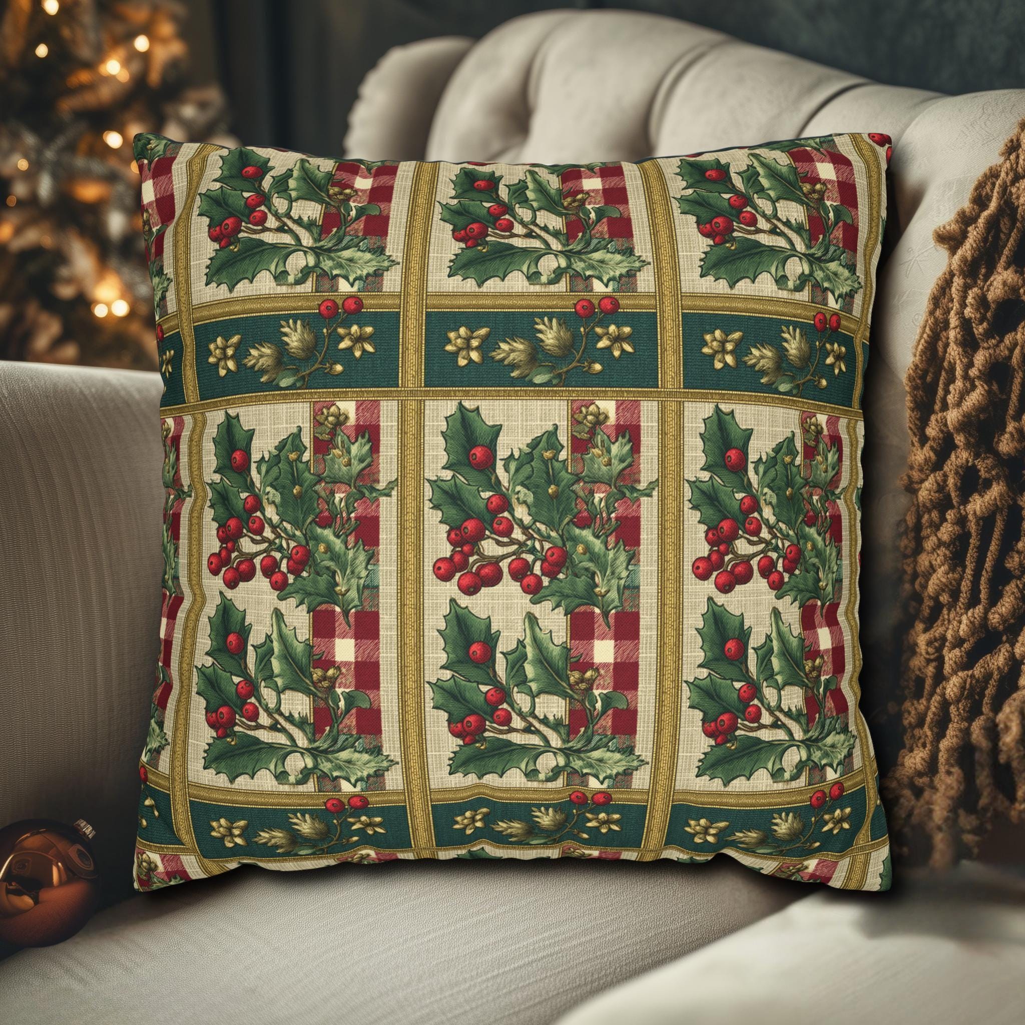 Gingham & Holly Christmas Pillow Cover:  Classic Vintage Holiday Style with Stripes