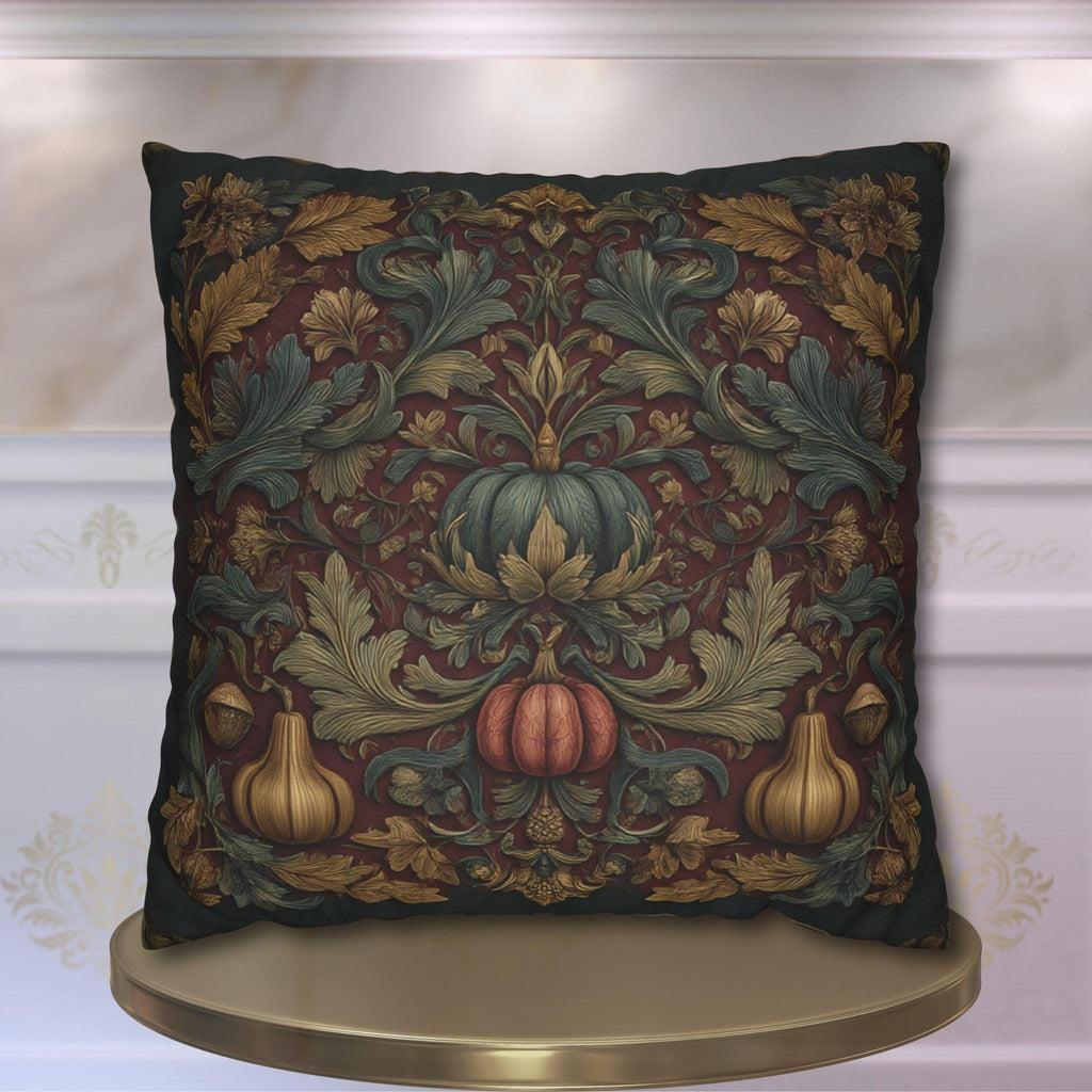 Fall Harvest Pillow Cover: William Morris Style with Pumpkins & Gourds on Merlot Red Wine
