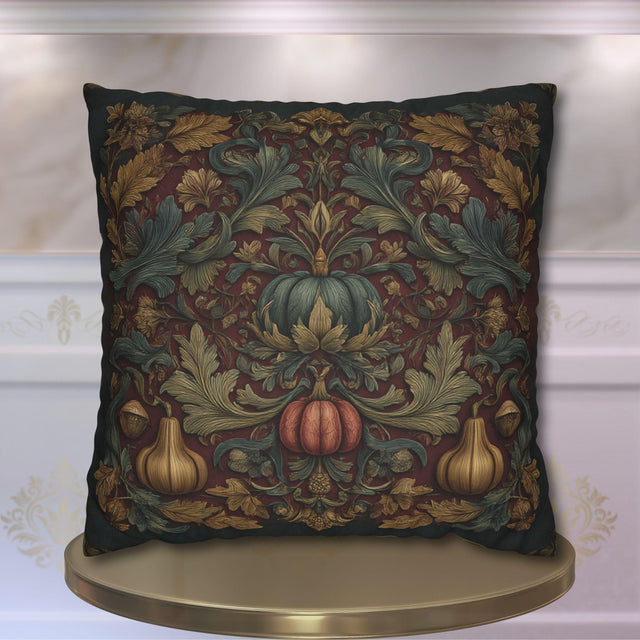 Fall Harvest Pillow Cover: William Morris Style with Pumpkins & Gourds on Merlot Red Wine