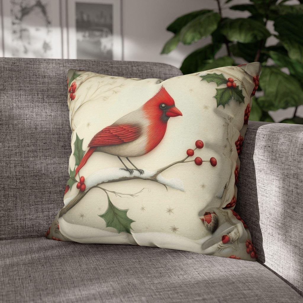 Cardinal in Winter Pillow Cover: Vintage Style Holiday Bird & Snowy Branches Accent