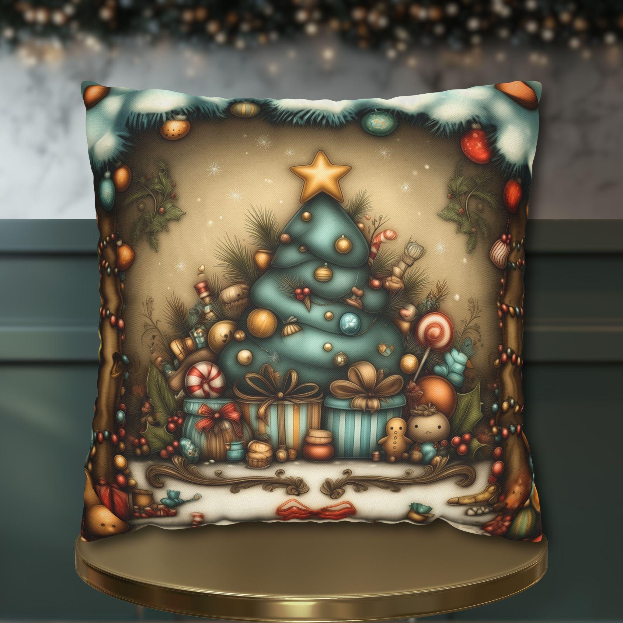 Nostalgic Christmas Pillow Cover: Vintage Style Tree & Presents Holiday Décor
