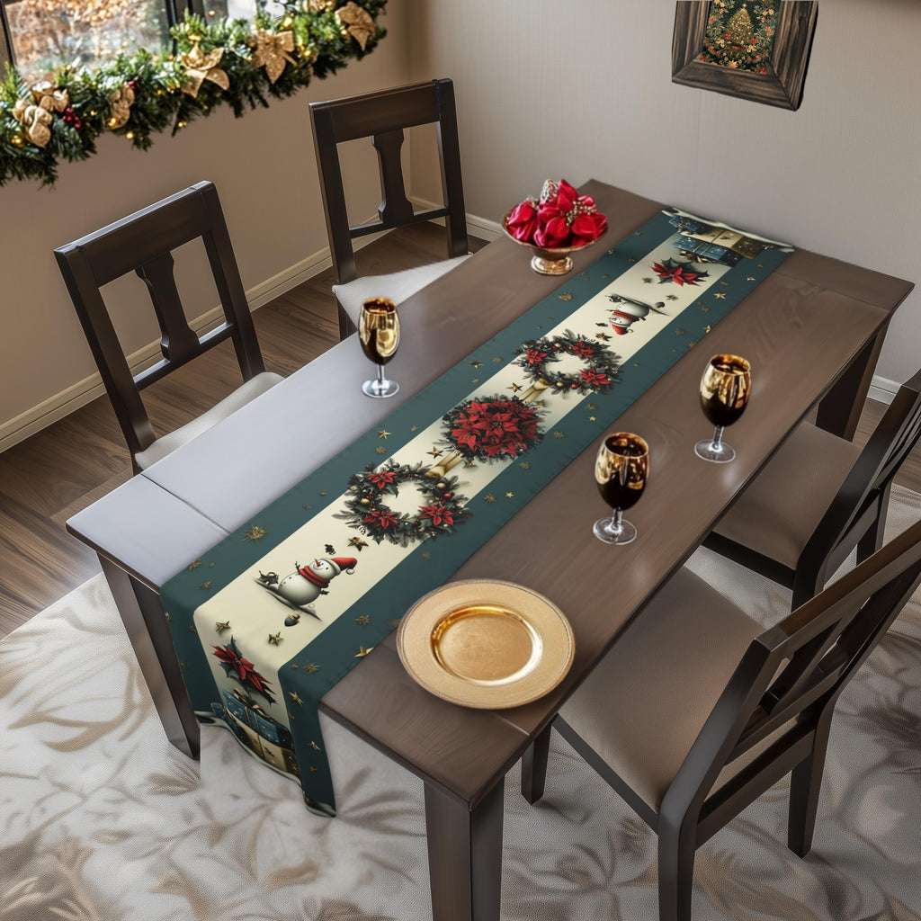 Vintage Nostalgia Christmas Table Runner: Snowman, Poinsettia & Wreaths on Deep Teal-Gray and Cream