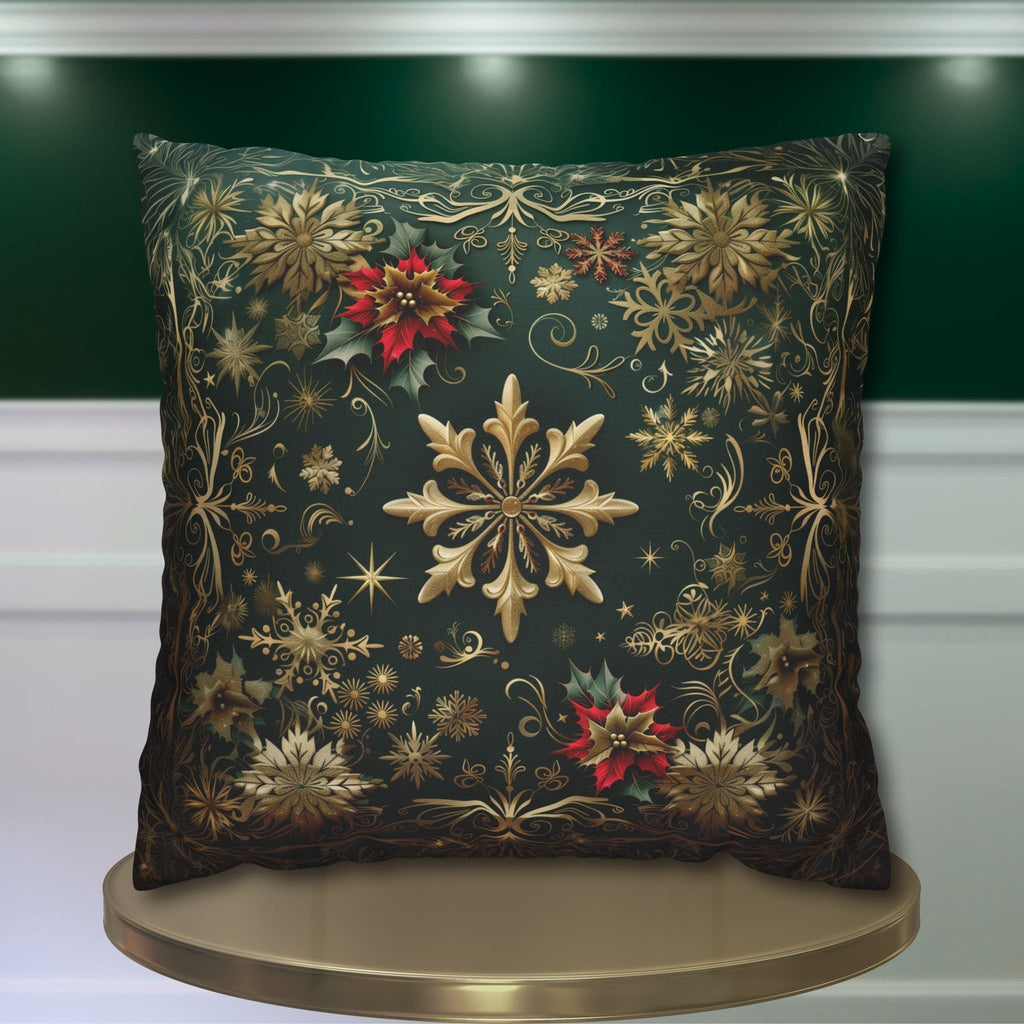 Gold Snowflake Emerald Green Holiday Pillow Cover