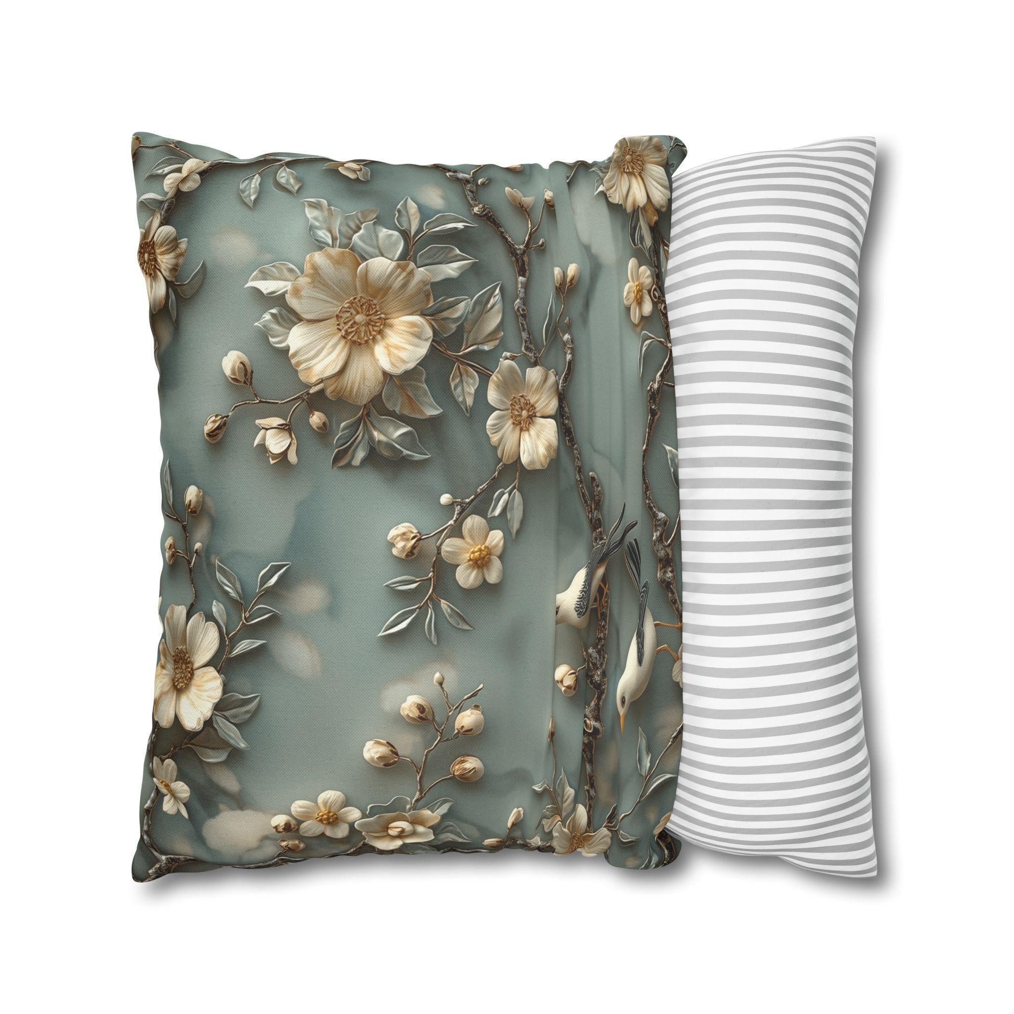Elegant Chinoiserie Floral Pillow Cover: Cream Blossoms on Dreamy Soft Blue Background