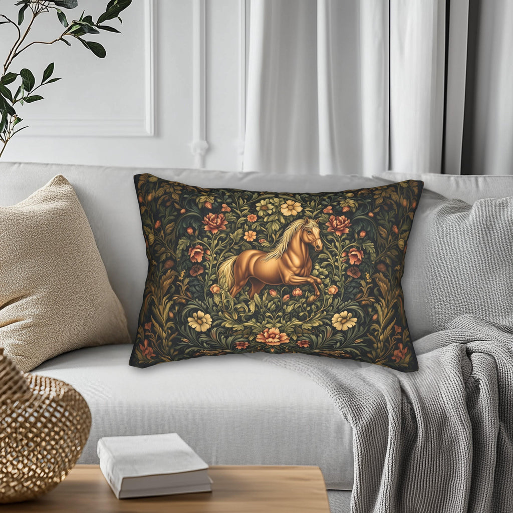 Horse Lumbar Pillow: William Morris Inspired  Golden Equestrian Botanical Floral