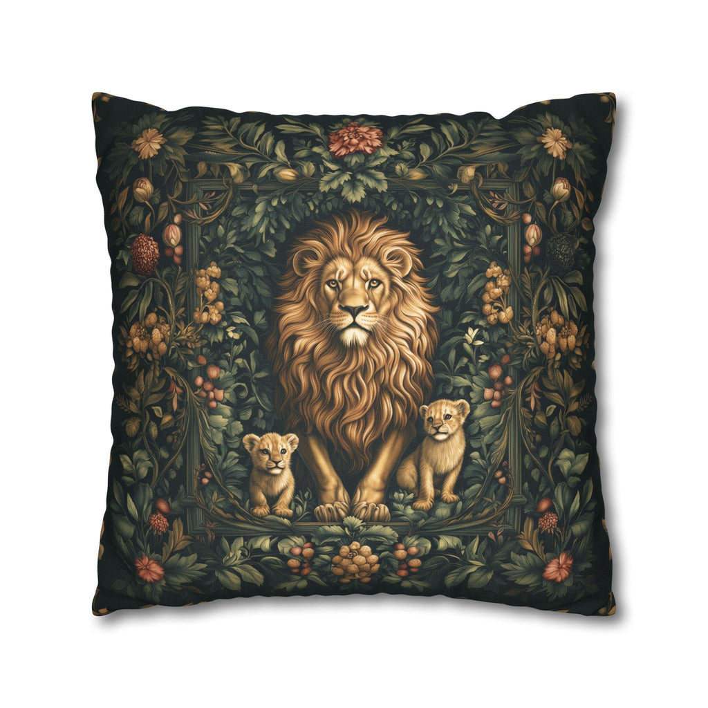 Regal Lion Pillow Cover: William Morris Inspired Botanical Cushion with Jungle Motif