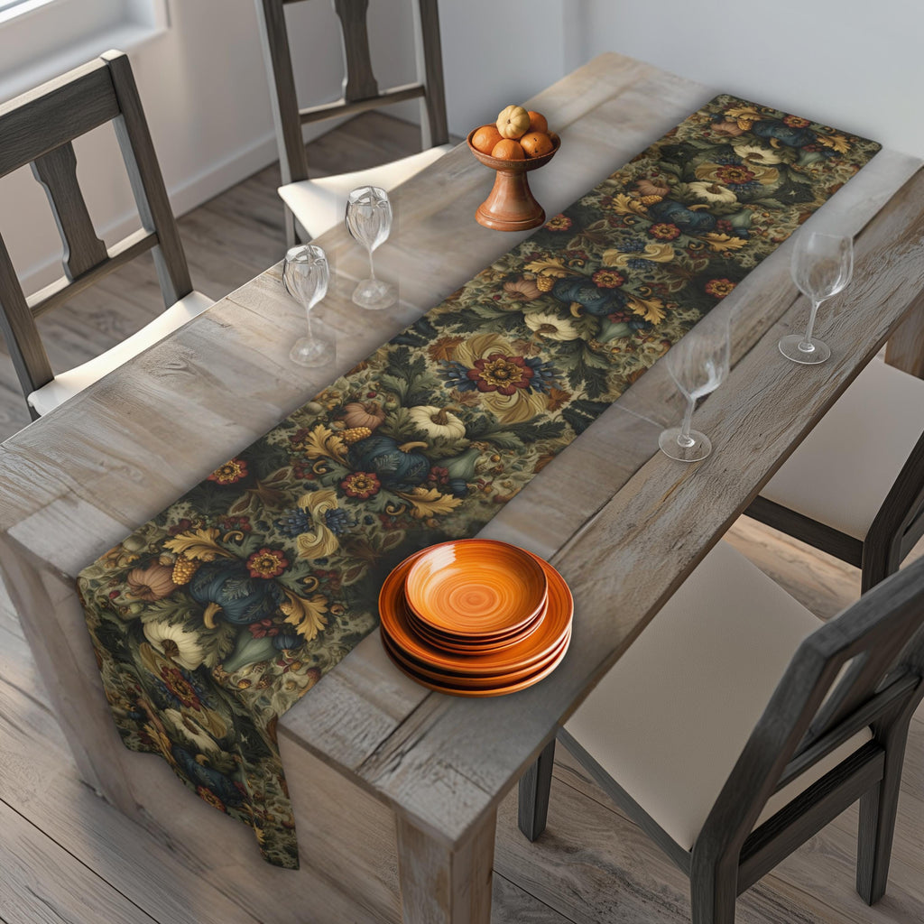 William Morris Inspired Autumn Harvest Tapestry Table Runner: Deep Teal with Ivory Blue & Gold