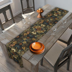 William Morris Inspired Autumn Harvest Tapestry Table Runner: Deep Teal with Ivory Blue & Gold
