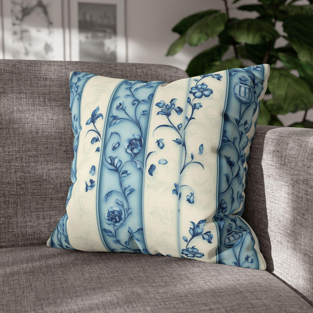 Elegant Blue & White Chinoiserie Floral Stripe Pillowcase: French-Inspired Square Cushion Cover