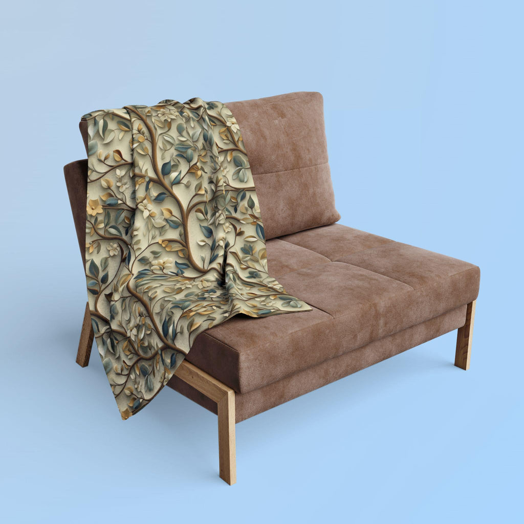 Botanical William Morris Inspired Fleece Blanket, Floral Green Gold White Beige Throw Blanket