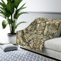 Botanical William Morris Inspired Fleece Blanket, Floral Green Gold White Beige Throw Blanket