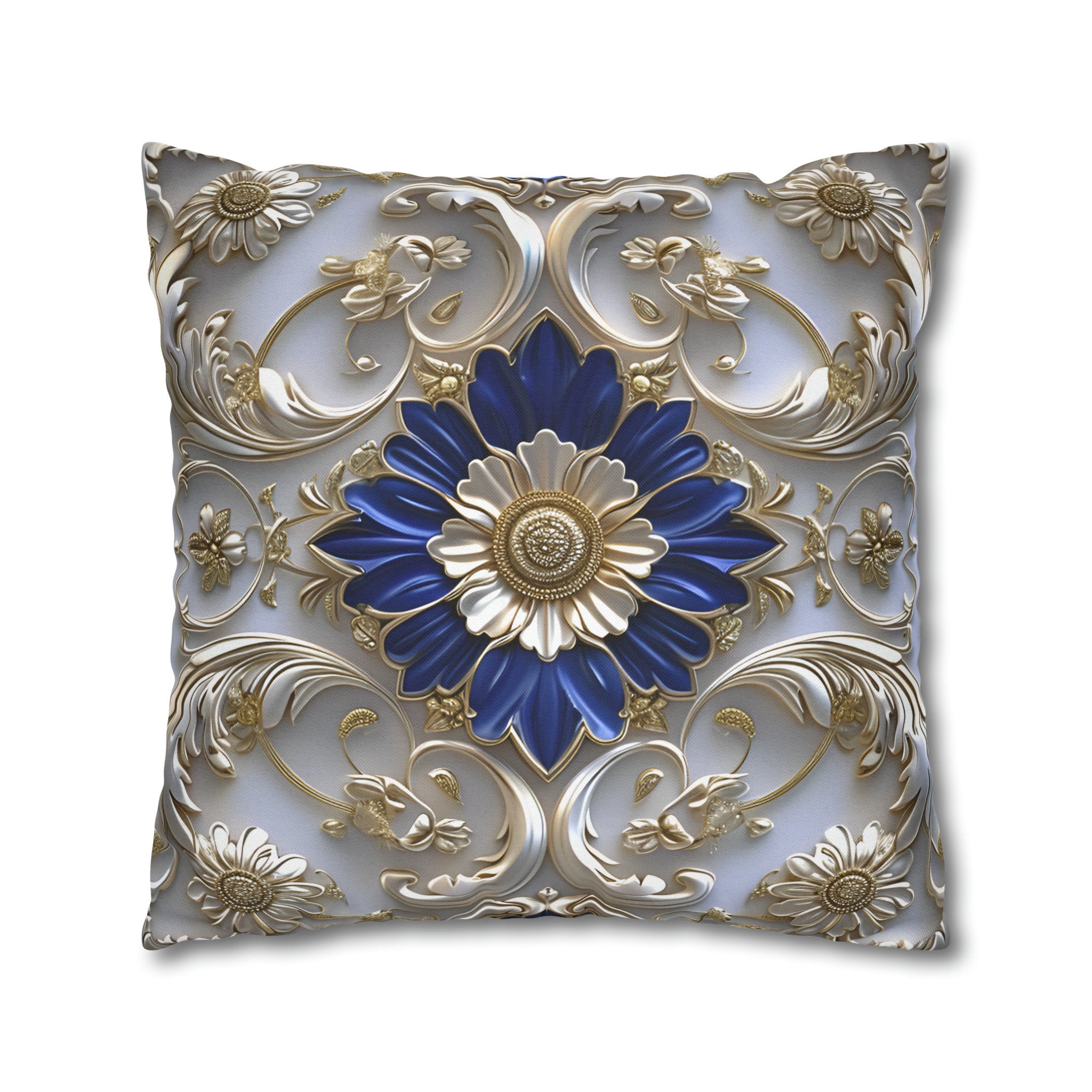 Baroque Floral Throw Pillow Cover: Cobalt Blue, Silver-Gray & Gold Accents, Elegant Cushion Case