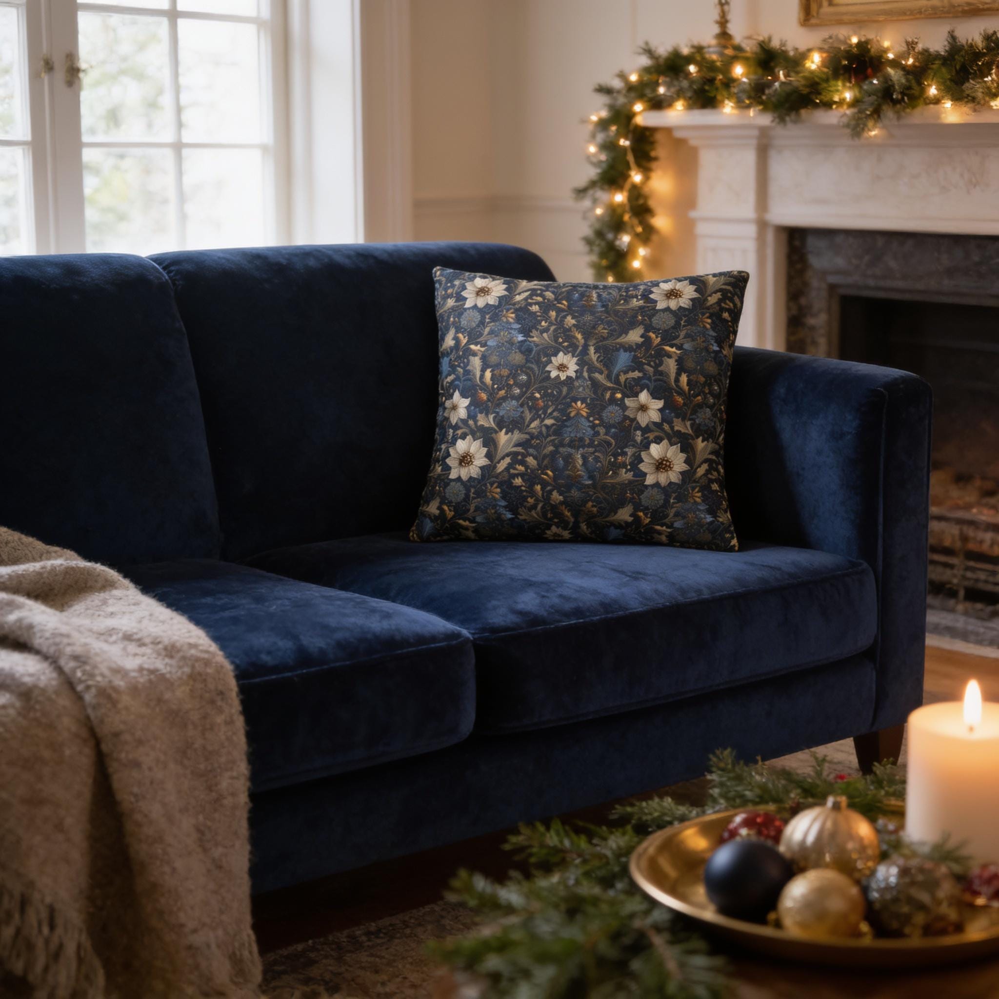 Midnight Blue William Morris Christmas Botanical Pillow Cover