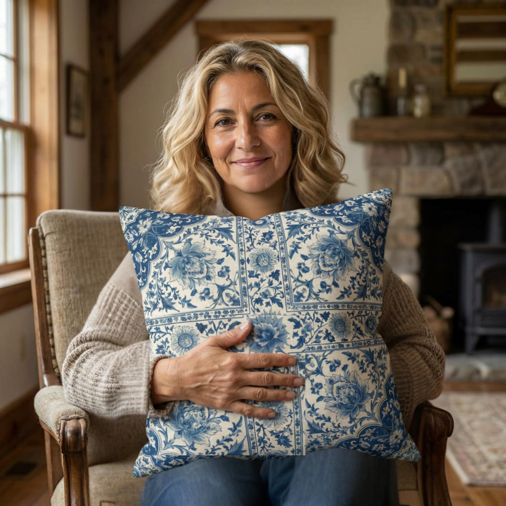 Toile Pillow Cover: Blue and Cream Botanical Farmhouse Decor