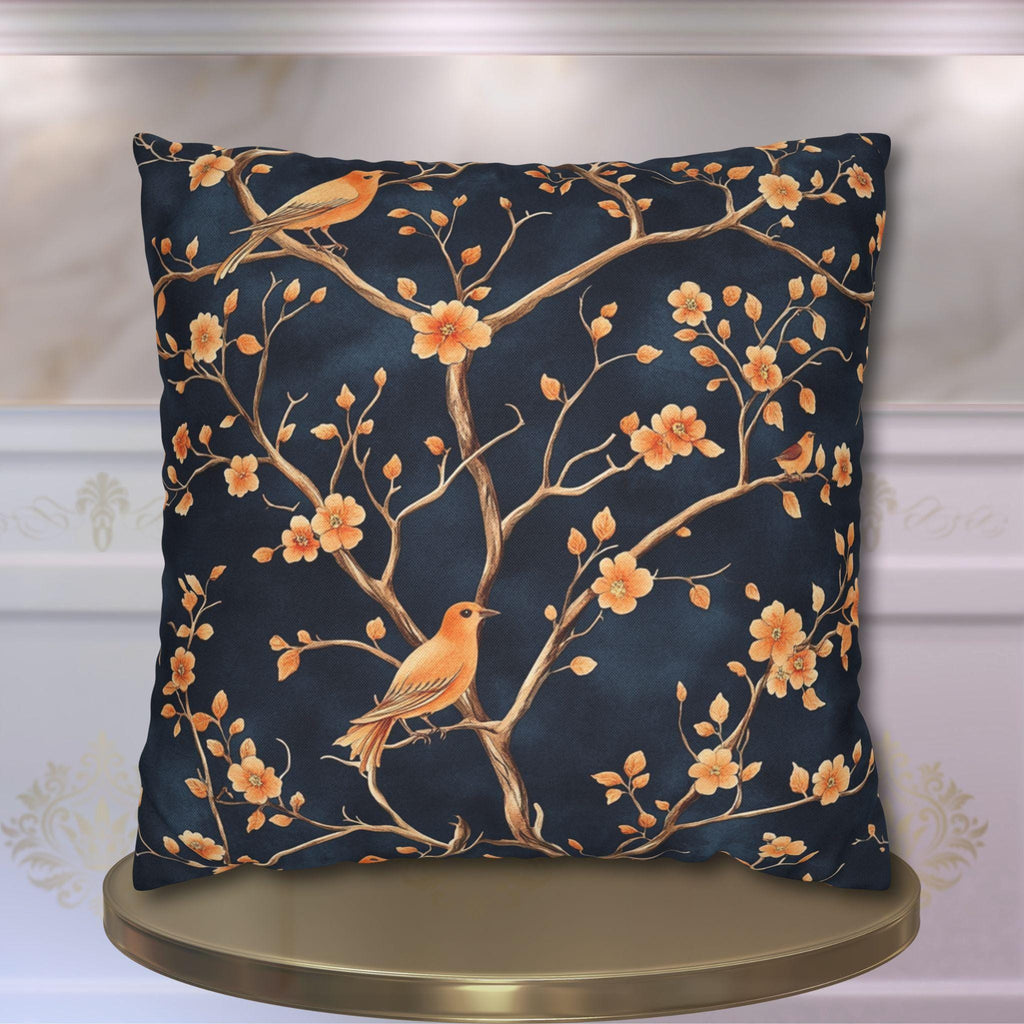 Chinoiserie Bird Throw Pillow Cover: Peach & Chestnut Floral, Navy Blue
