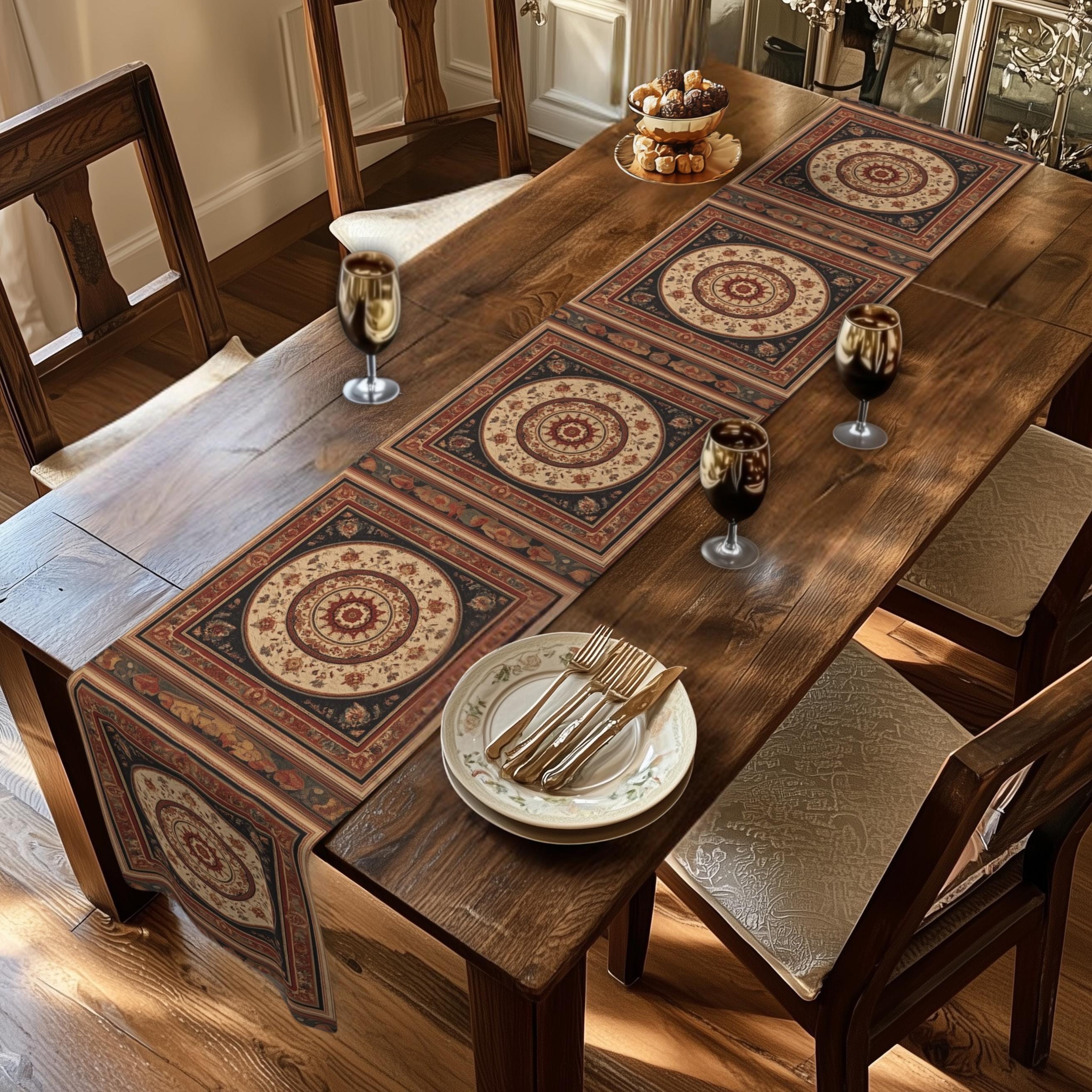 Persian Table Runner: Inspired by Antique Medallion Rug Design in Warm Rust and Cream