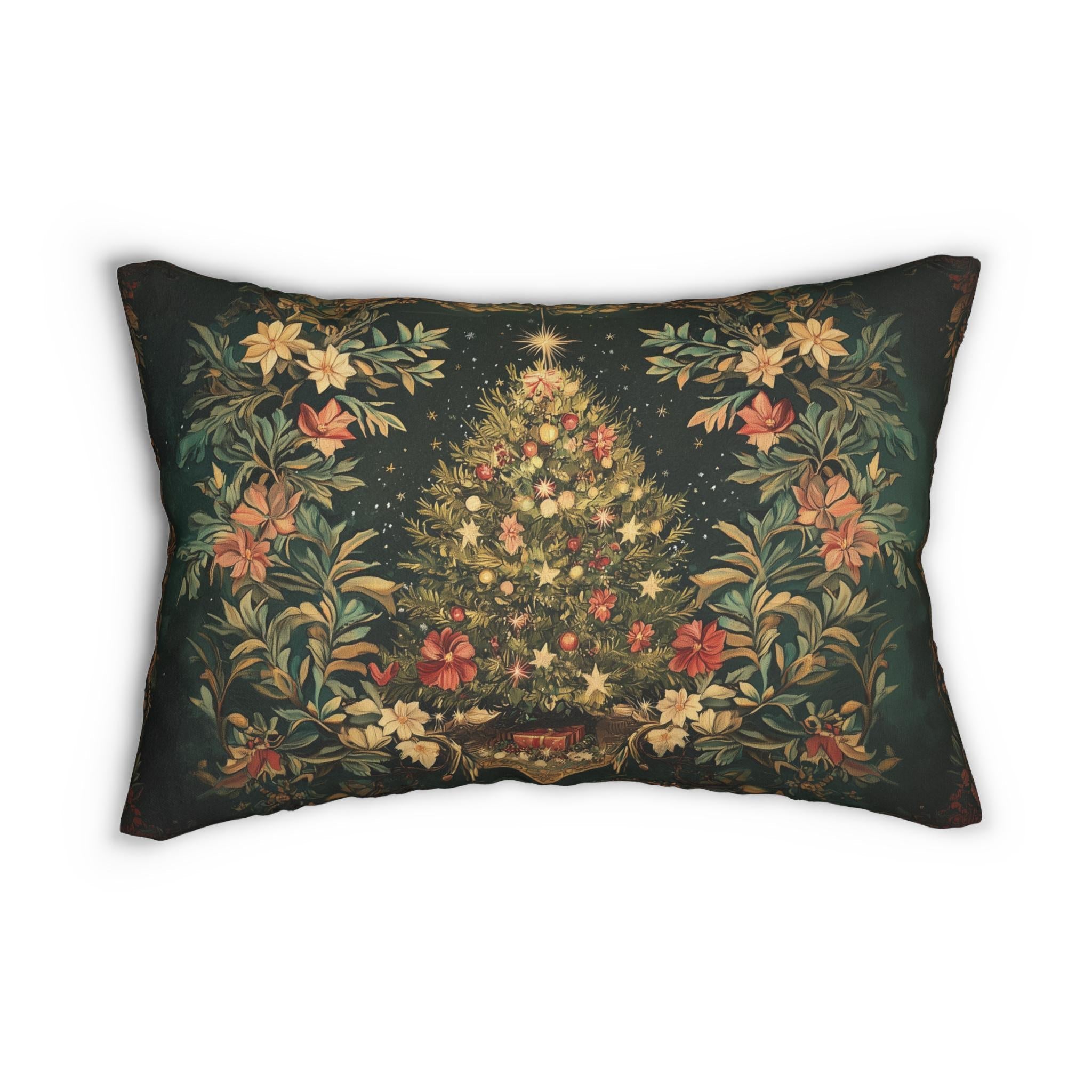 William Morris Inspired Christmas Tree Lumbar Pillow: Elegant Holiday Decor for Living Room