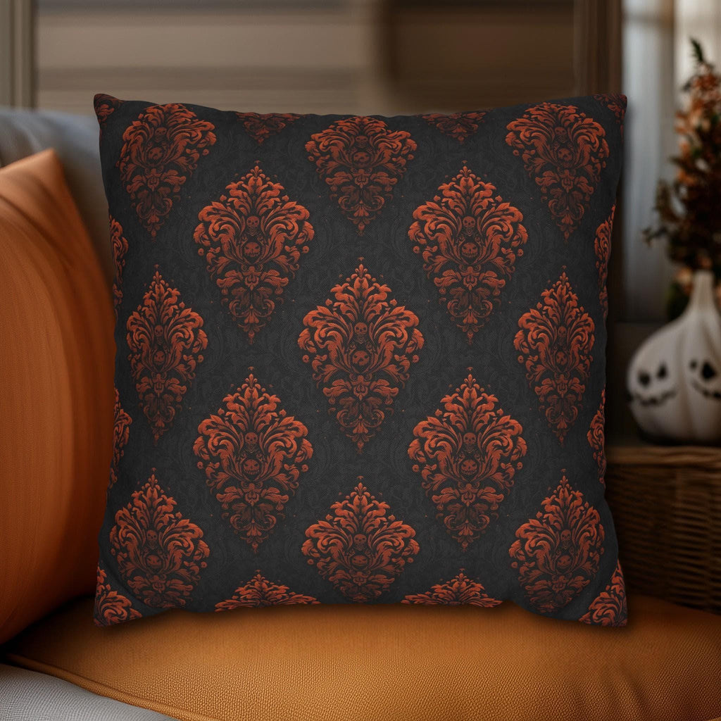 Halloween Damask Pillow Cover: Hidden Skulls in Black and Burnt Orange