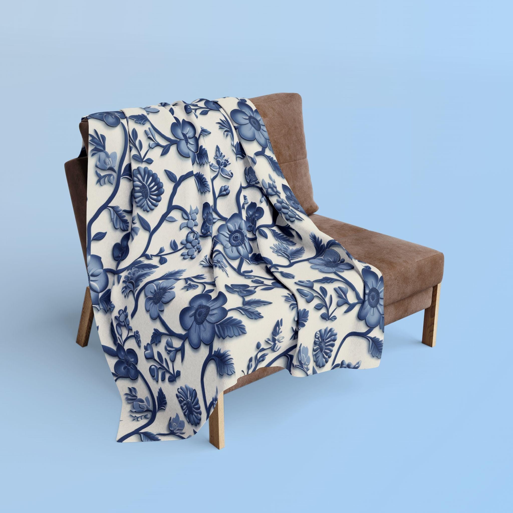 Chinoiserie Fleece Blanket: Blue and White Floral Pottery Pattern