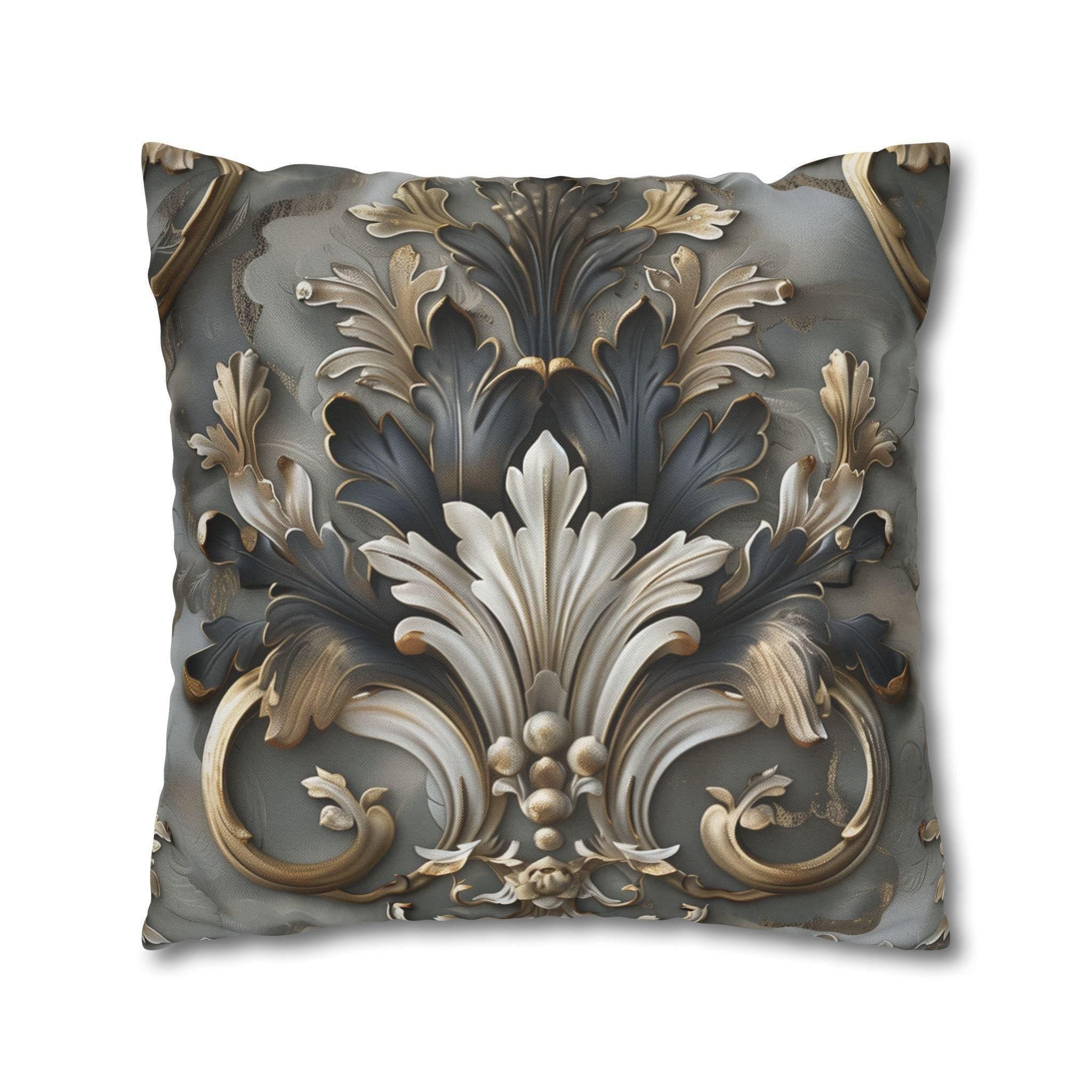 Baroque Pillow Cover: Ornate Gray, Gold, and Black Floral Design