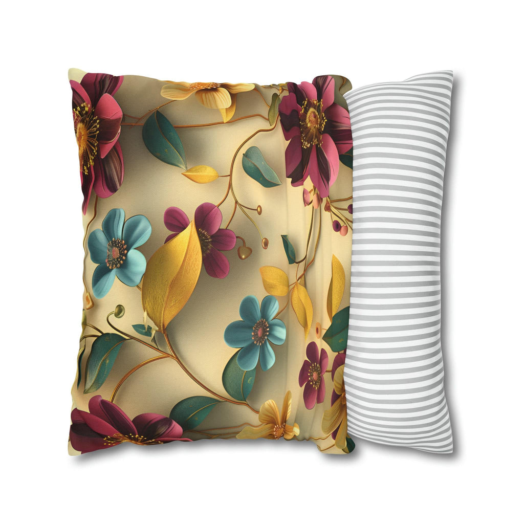 Botanical Floral Square Throw Pillow Cover: Teal, Marigold, Plum on Warm Beige Cushion Case