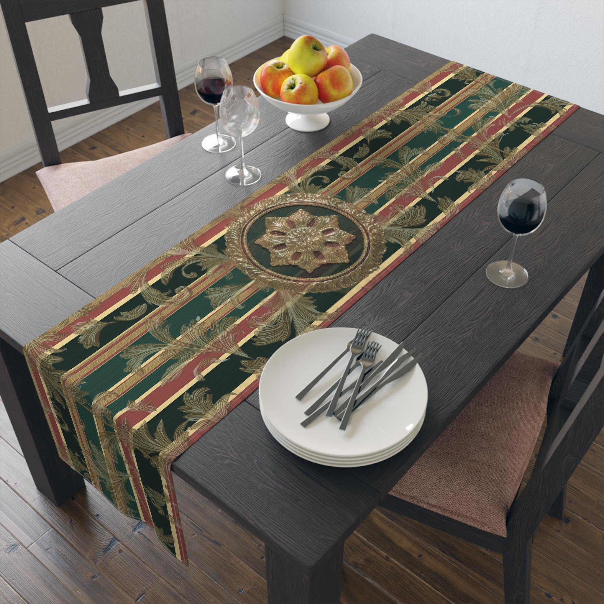 Gold Damask Christmas Table Runner: Emerald Tartan Bands & Medallion Accent