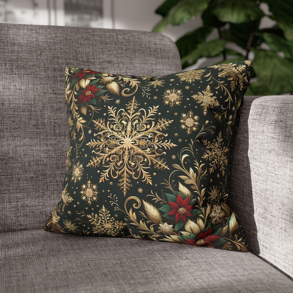 Elegant Emerald Poinsettia & Snowflake Euro Sham: Festive Holiday Pillow Cover (24x24, 26x26)