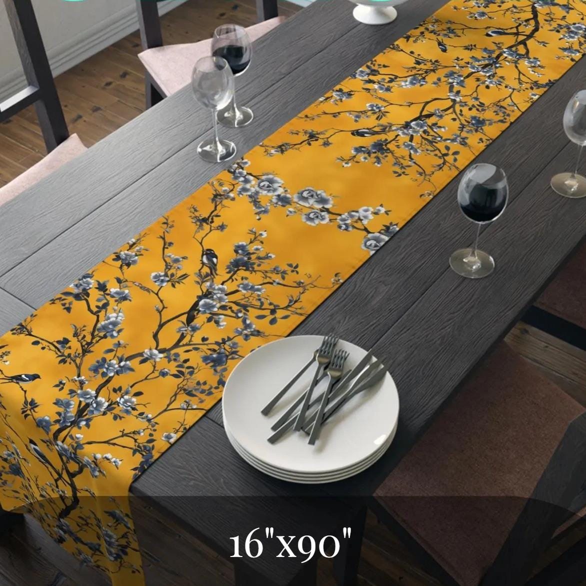 Elegant Chinoiserie Table Runner: Mustard Yellow with Black Birds, Asian-Inspired Dining Decor