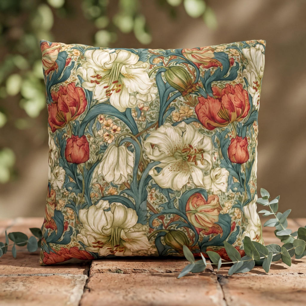 William Morris Style Pillow Cover: Ivory and Coral Lilies on a Celadon Background