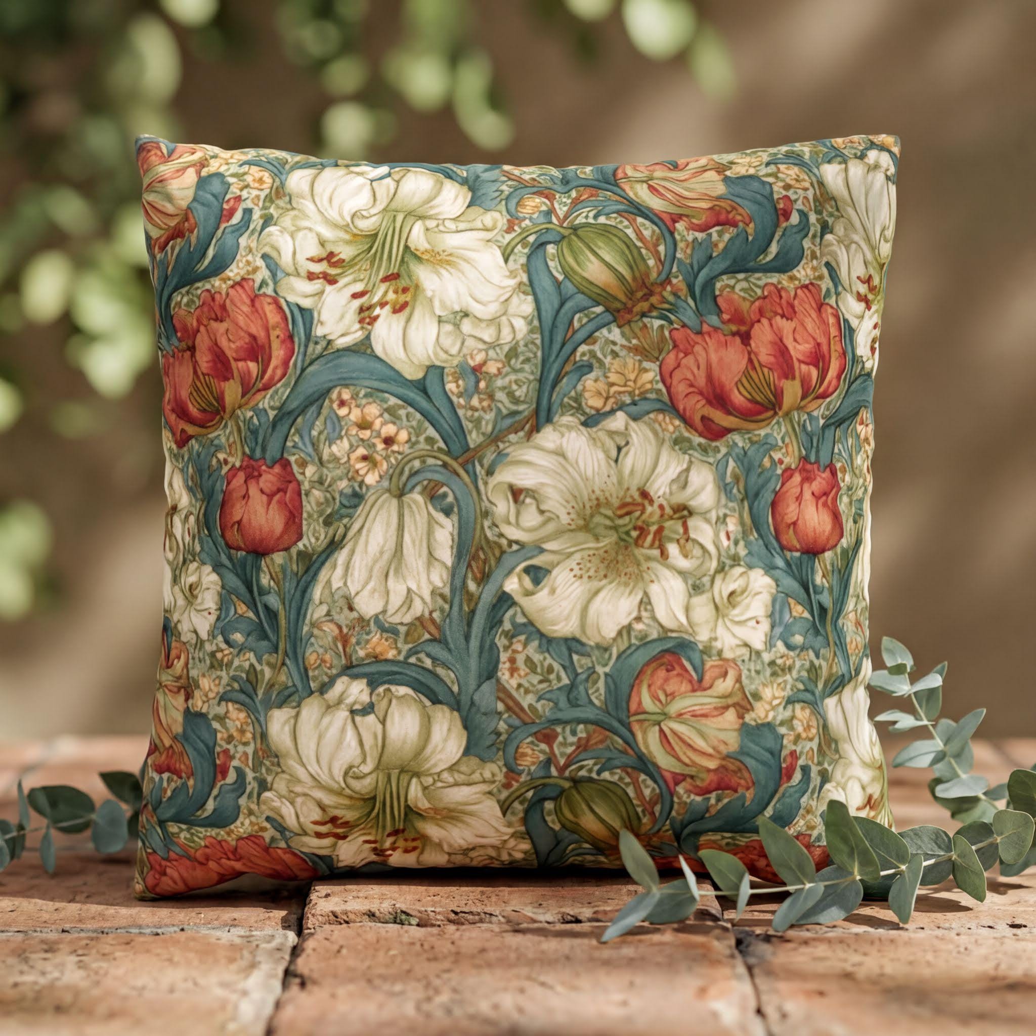 William Morris Style Pillow Cover: Ivory and Coral Lilies on a Celadon Background