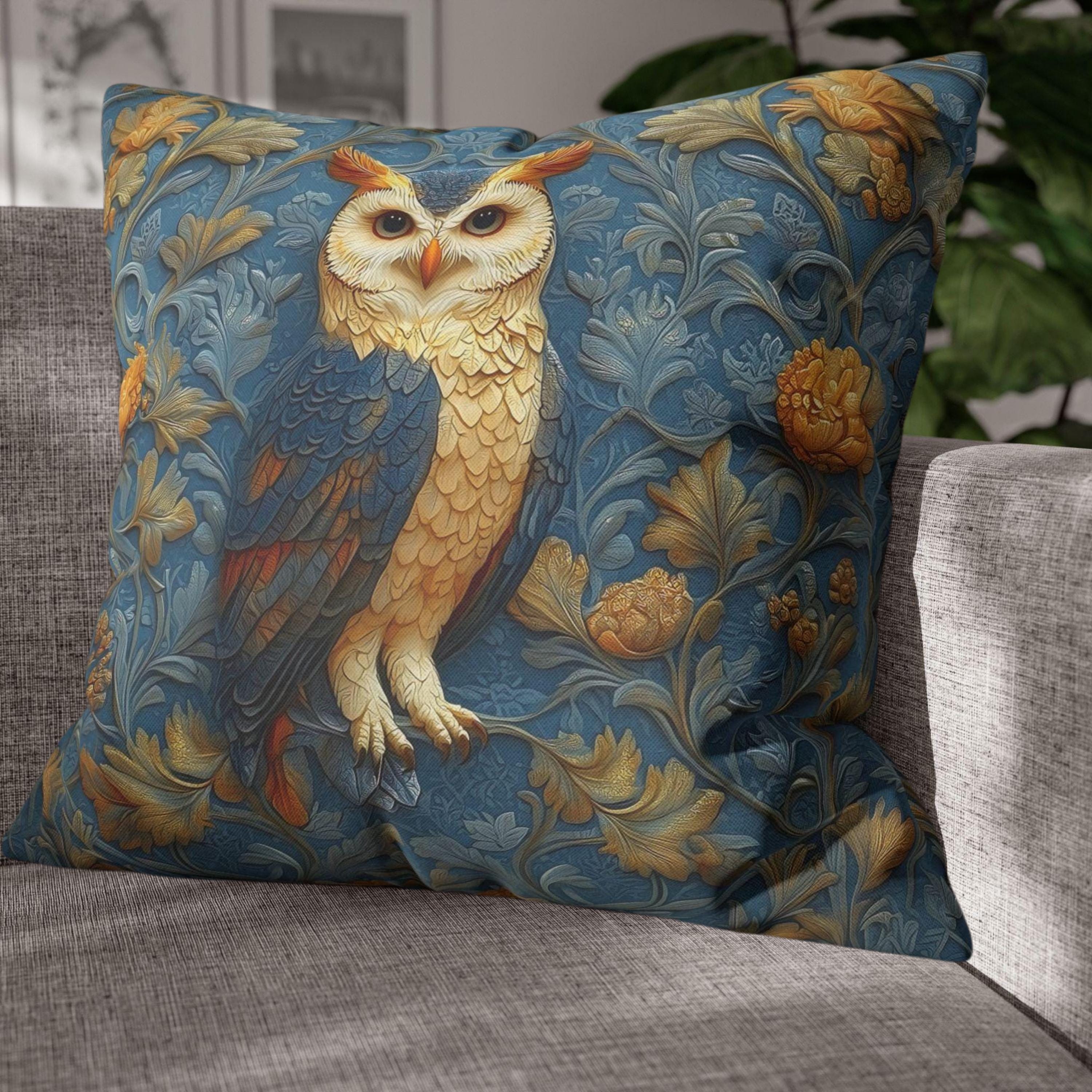 William Morris Style Throw Pillow Cover: Blue and Gold Owl Design