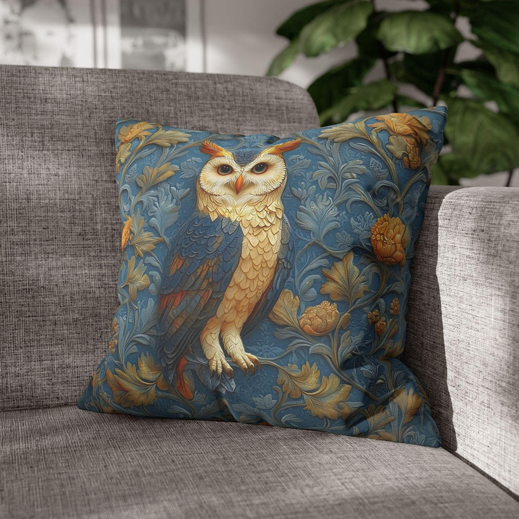 William Morris Style Throw Pillow Cover: Blue and Gold Owl Design