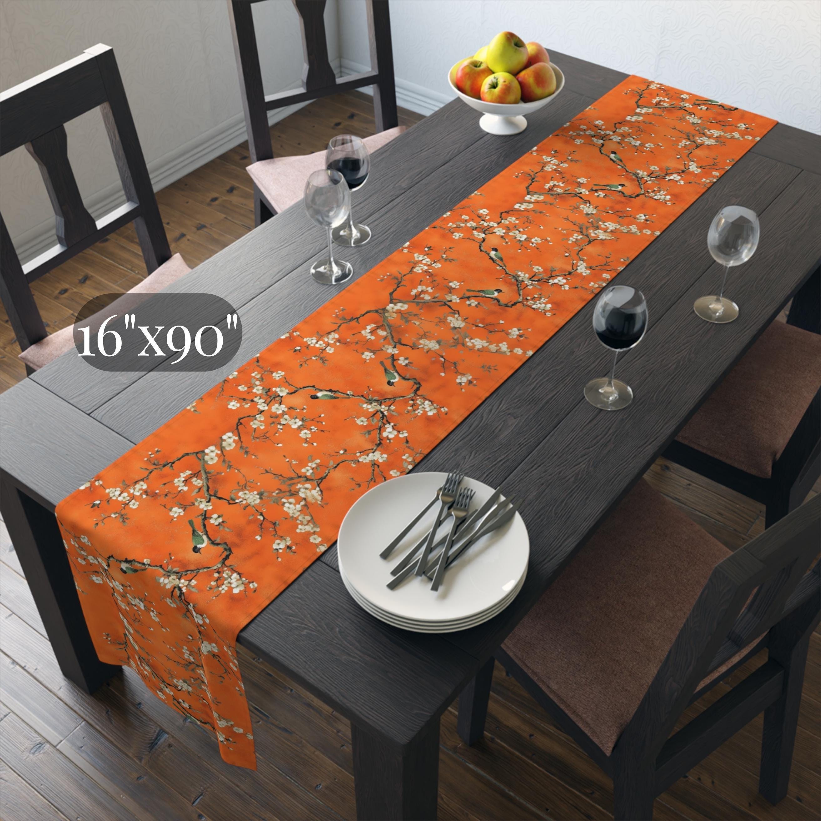 Chinoiserie Table Runner:  Burnt Orange with White Blossoms and Birds for Asian-Inspired Decor